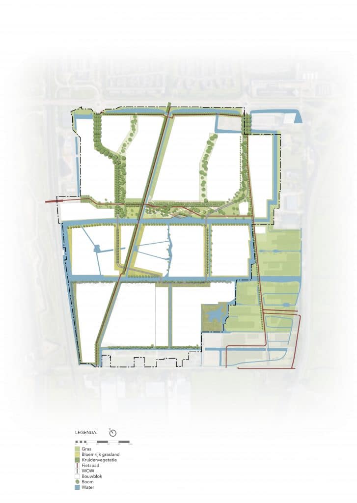 Plattegrondtekening van WIlderszijde, waar op wordt aangegeven waar bouwblokken, groen en water komen.