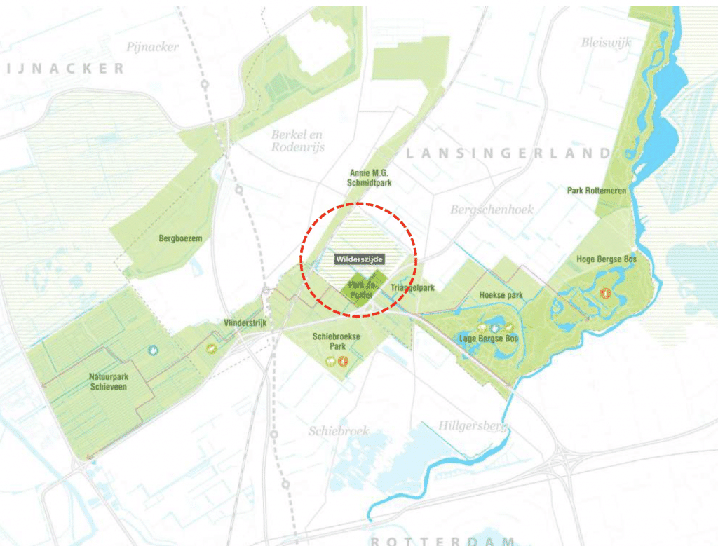 Plattegrond van Lansingerland, waarbij het gebied Wilderszijde rood omcirkeld is.