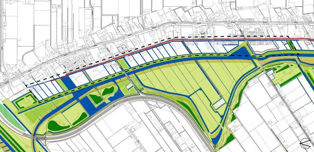 Kaart met zwarte stippellijn die het projectgebied aangeeft. Het gebied ligt langs de Noordersingel, aan het historisch lint, grenzend aan natuur- en recreatiegebied De Groenzoom in Berkel en Rodenrijs.